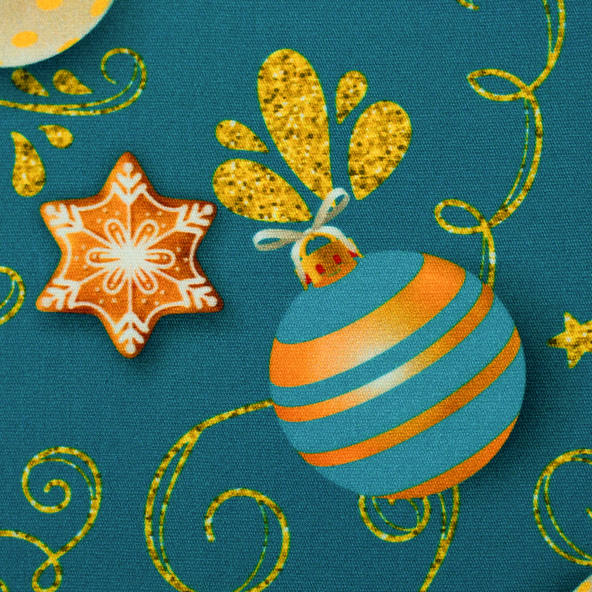 Baumwoll-Webware "Merry Christmas" große Kugeln, türkis-gold Stoff Anke's Nähbox