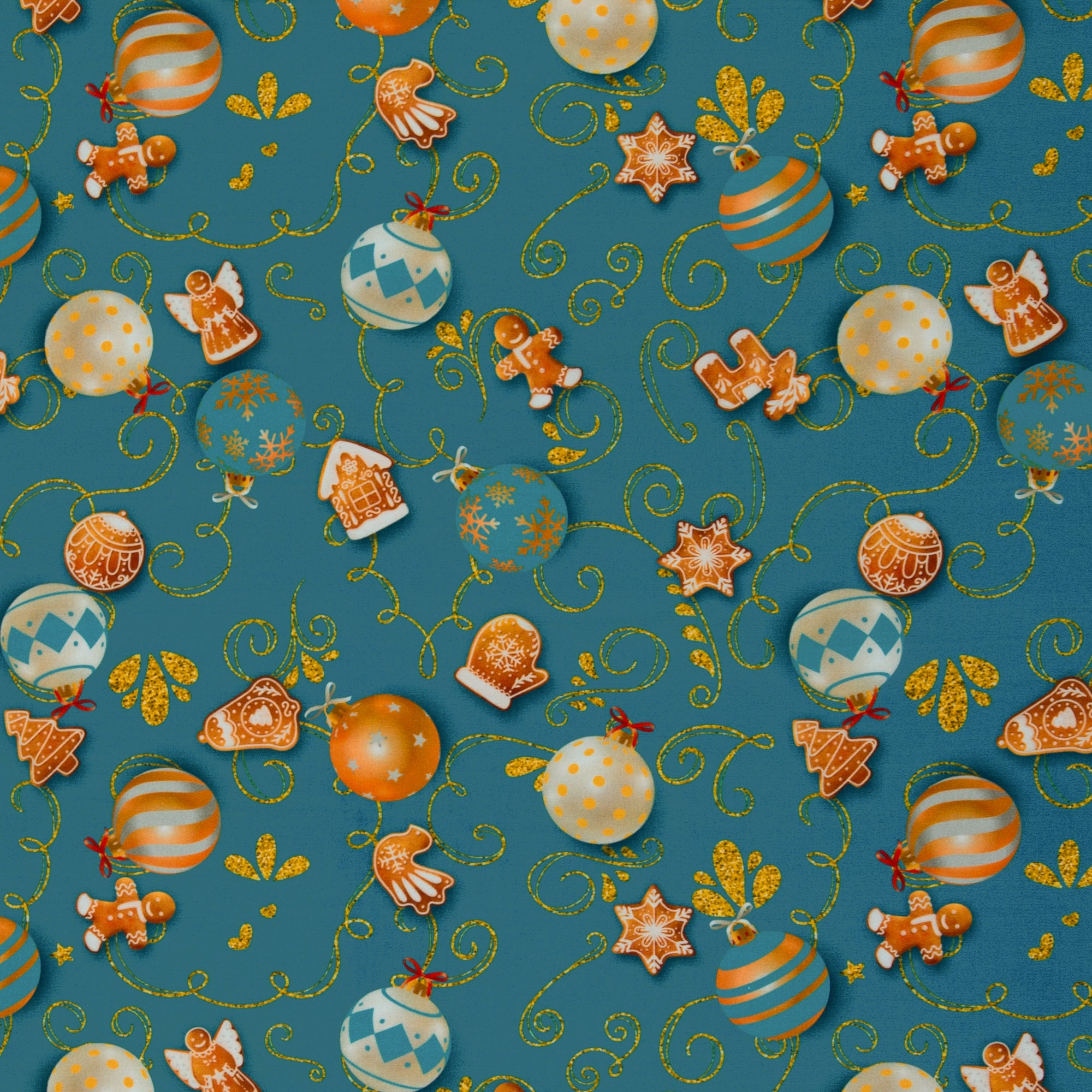 Baumwoll-Webware "Merry Christmas" große Kugeln, türkis-gold Stoff Anke's Nähbox