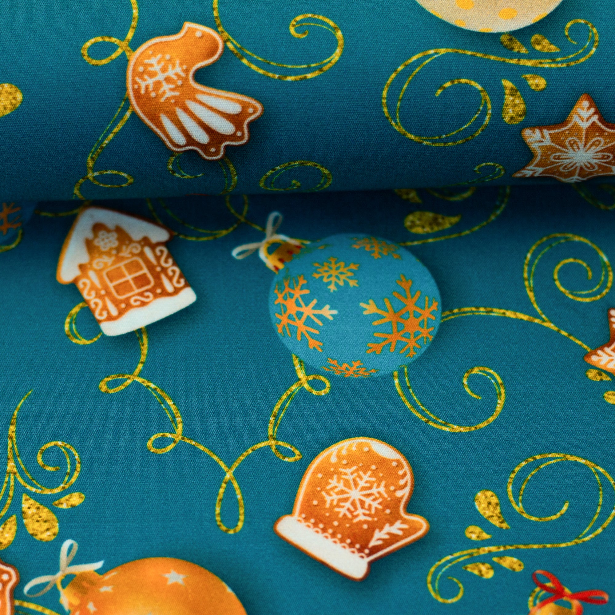 Baumwoll-Webware "Merry Christmas" große Kugeln, türkis-gold Stoff Anke's Nähbox