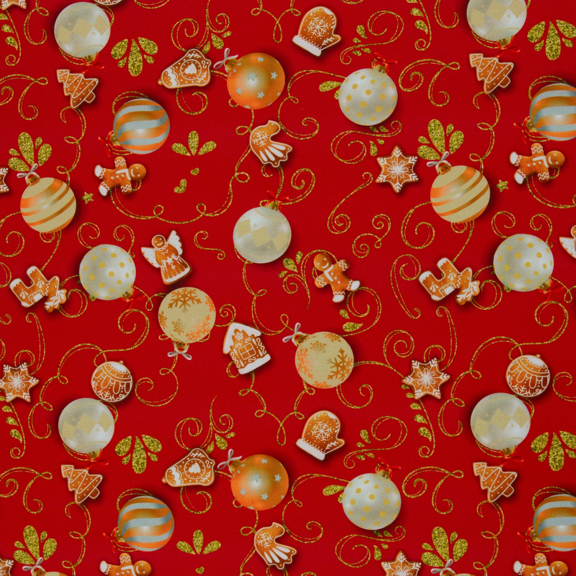 Baumwoll-Webware "Merry Christmas" große Kugeln, rot-gold