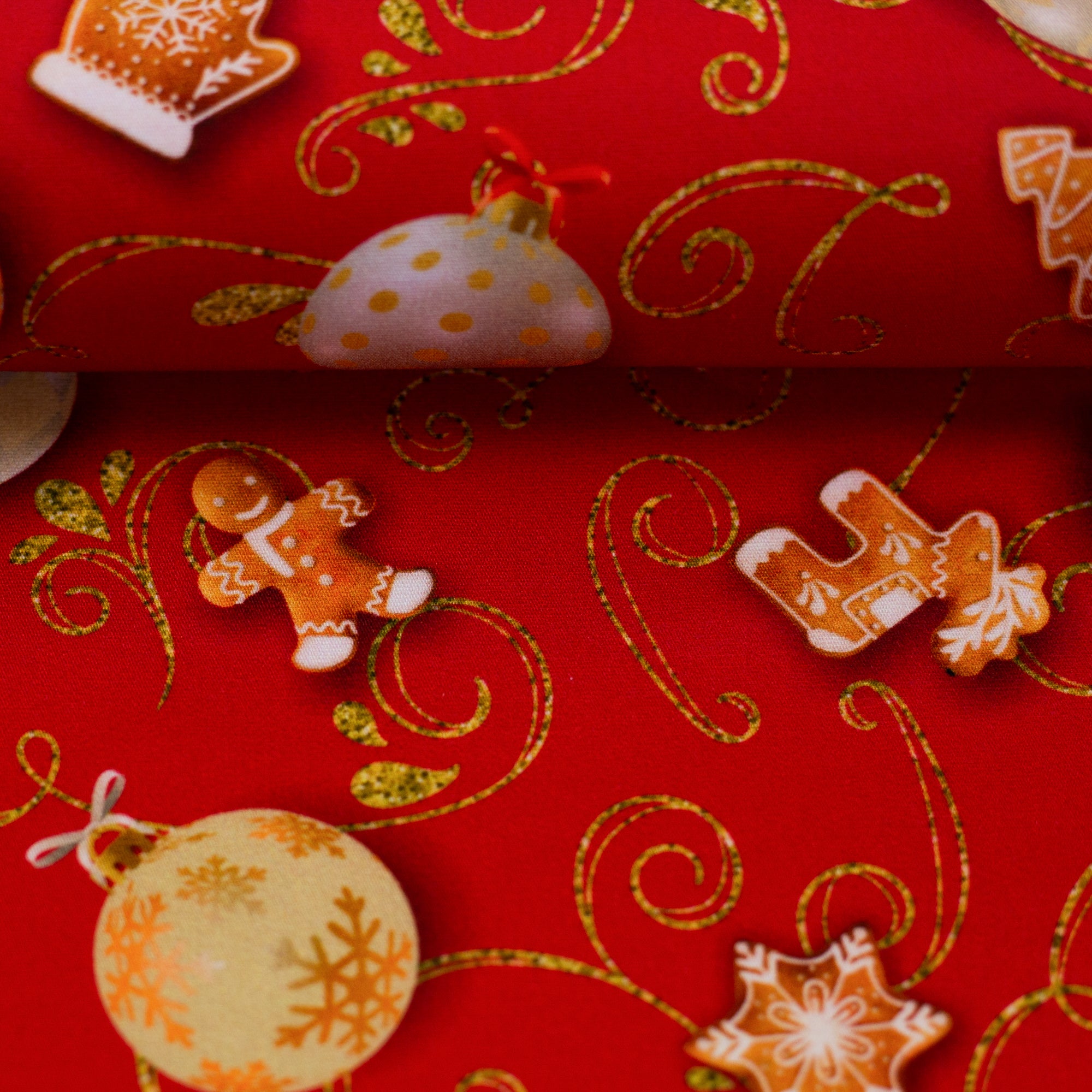 Baumwoll-Webware "Merry Christmas" große Kugeln, rot-gold