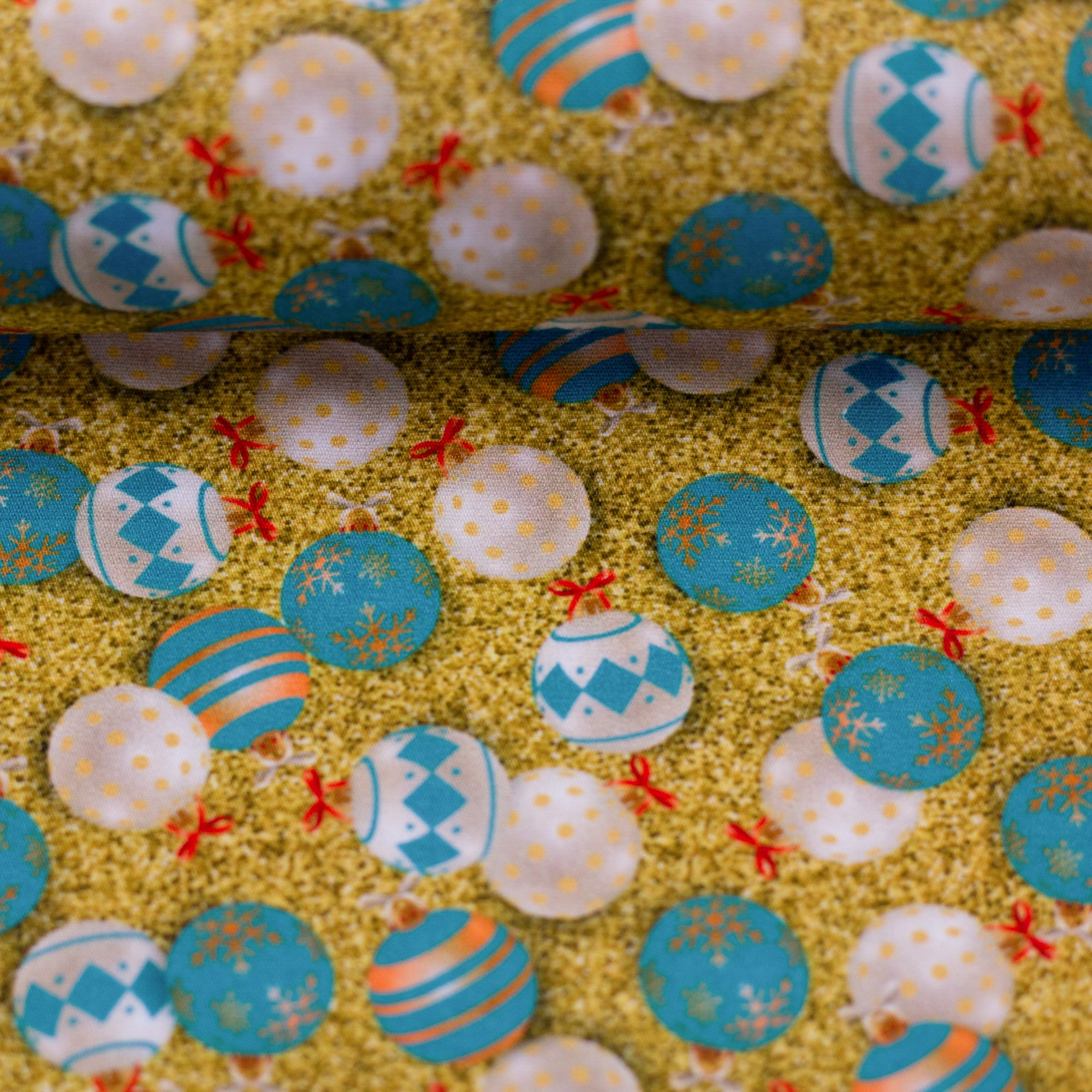 Baumwoll-Webware "Merry Christmas" kleine Kugeln, türkis-gold