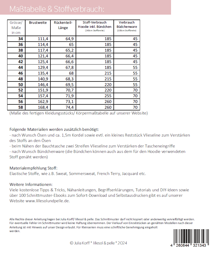 Papierschnittmuster "Comfort Hoodie" Damen 34-40
