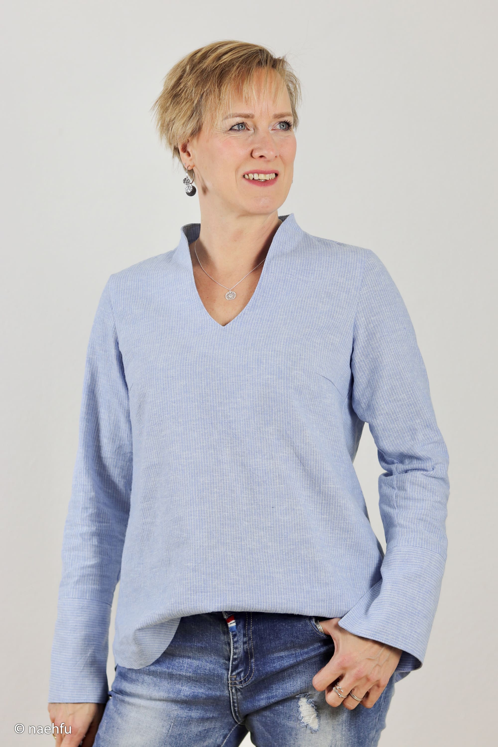 Baumwoll-Leinen "Paul" meliert, Streifen blau